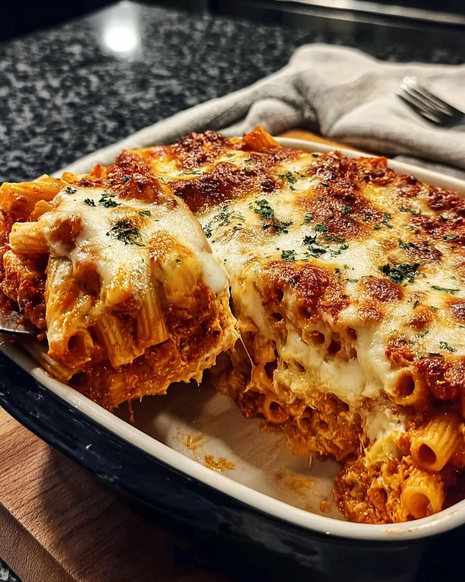 A serving spoon lifting a piece of cheesy Million Dollar Baked Ziti from a baking dish, showing layers of pasta, sauce, and melted mozzarella.