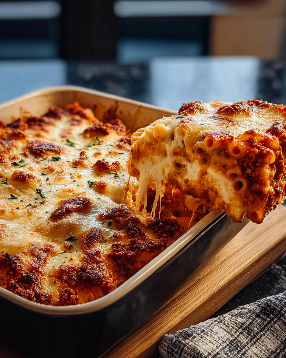 A serving of cheesy Million Dollar Baked Ziti being lifted from a baking dish, with melted cheese stretching.