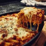 A generous serving of Million Dollar Baked Ziti being lifted from a cast iron skillet, with melted cheese stretching.