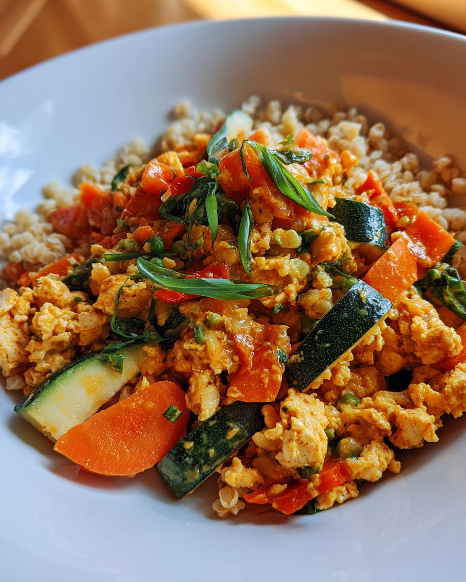 A bowl of nutritious homemade meal featuring scrambled tofu, zucchini, carrots, peas, and grains, garnished with green onions.