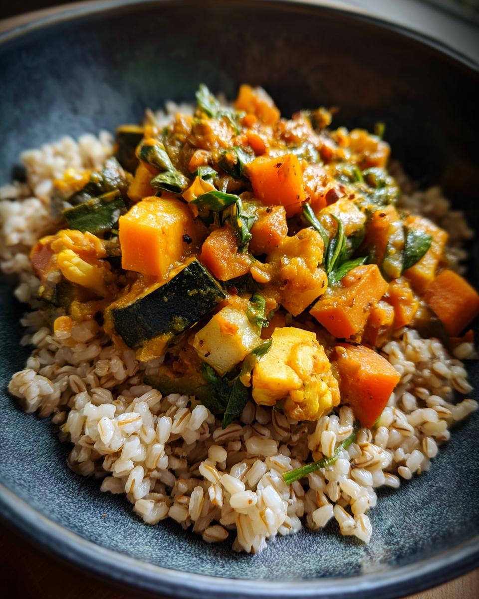 A bowl of nutritious homemade meal featuring a vibrant vegetable curry served over hearty grains, perfect for everyday energy.