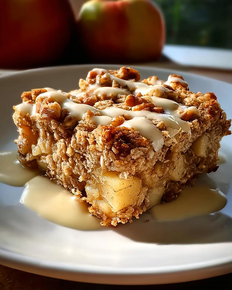 A delicious slice of Oatmeal Apple Breakfast Bake topped with nuts and a creamy glaze.