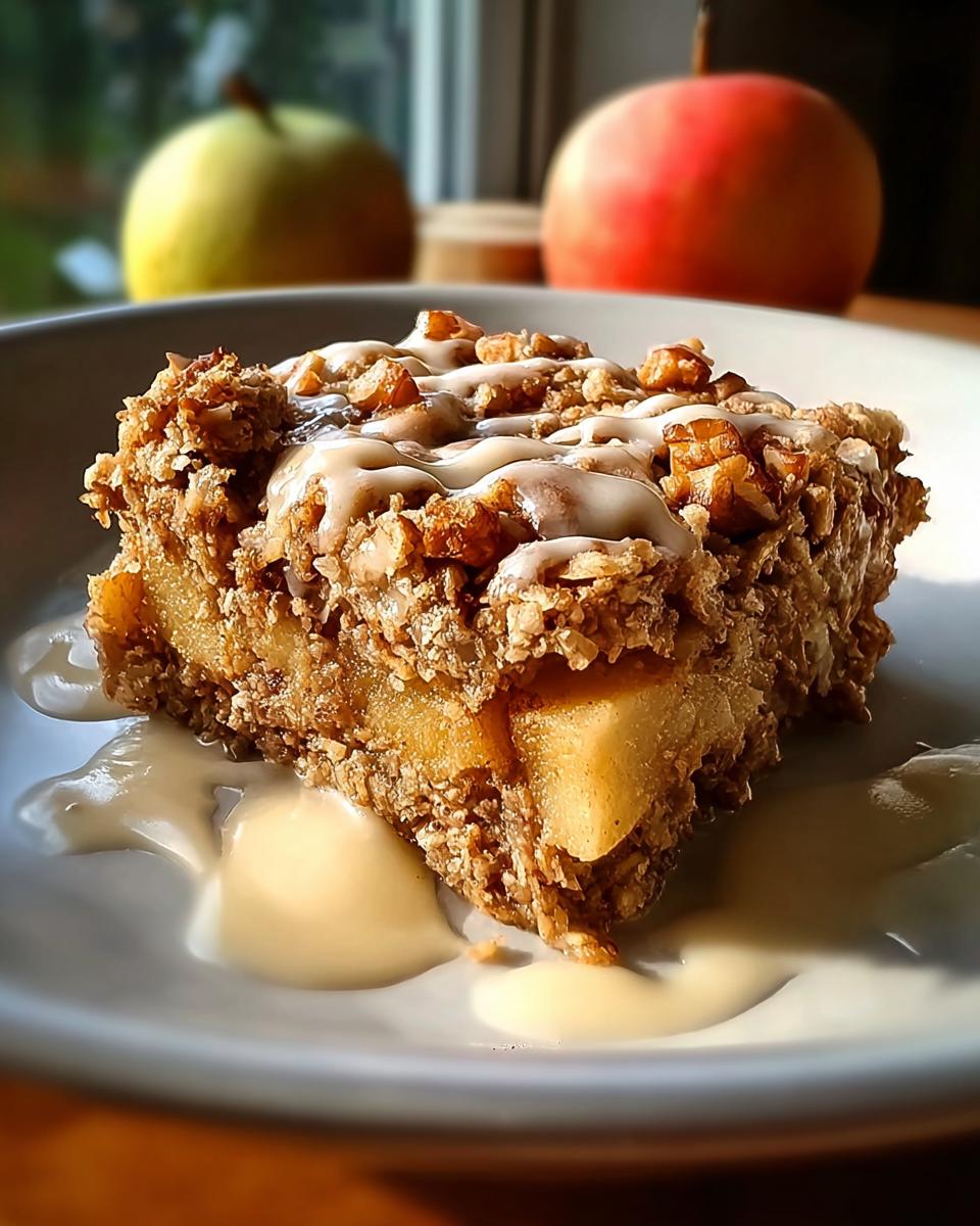 A slice of Oatmeal Apple Breakfast Bake topped with nuts and a drizzle of glaze, served on a plate with a creamy sauce.