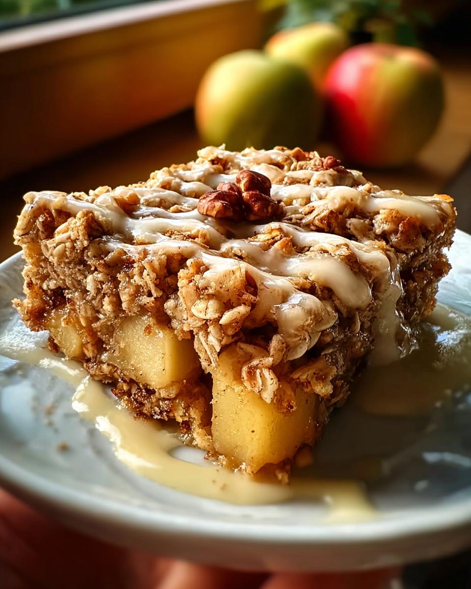 A slice of delicious oatmeal apple breakfast bake topped with glaze and walnuts.