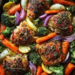 A delicious one-pan healthy dinner featuring roasted chicken thighs with broccoli, carrots, red onion, and lemon.