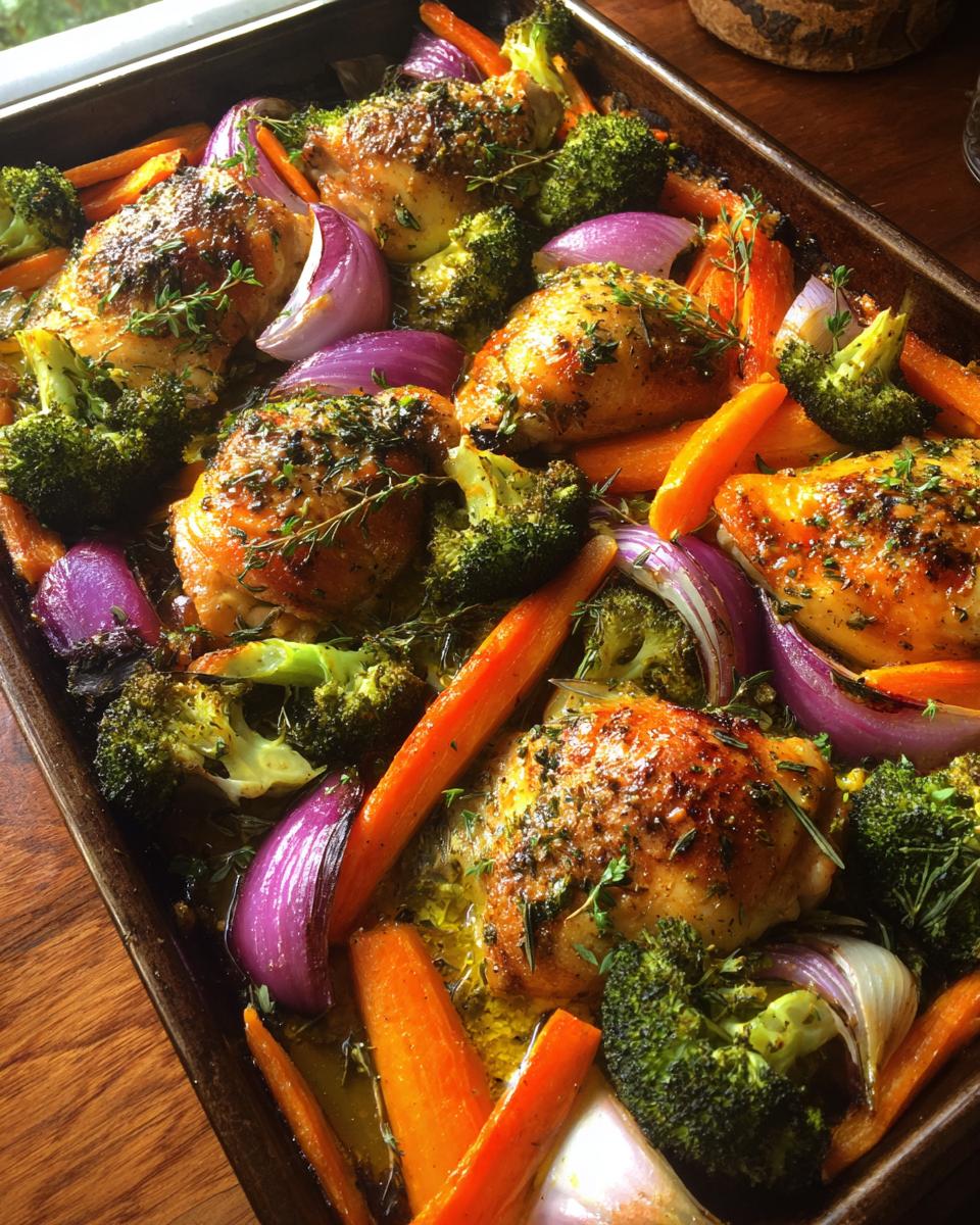 A close-up of a one-pan healthy dinner with roasted chicken thighs, broccoli, carrots, and red onion.