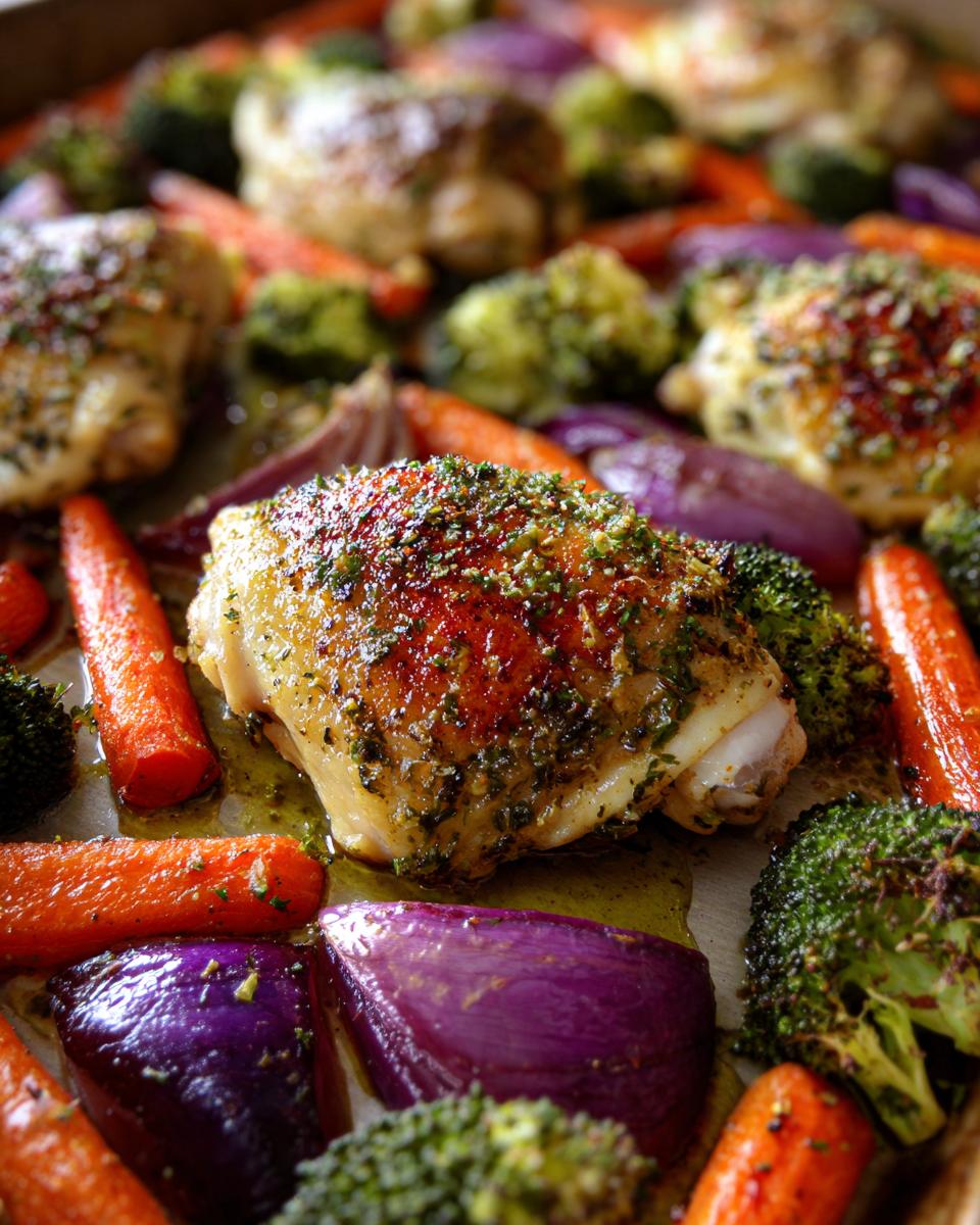 Close-up of a one-pan healthy dinner featuring roasted chicken thighs with broccoli, carrots, and red onion.