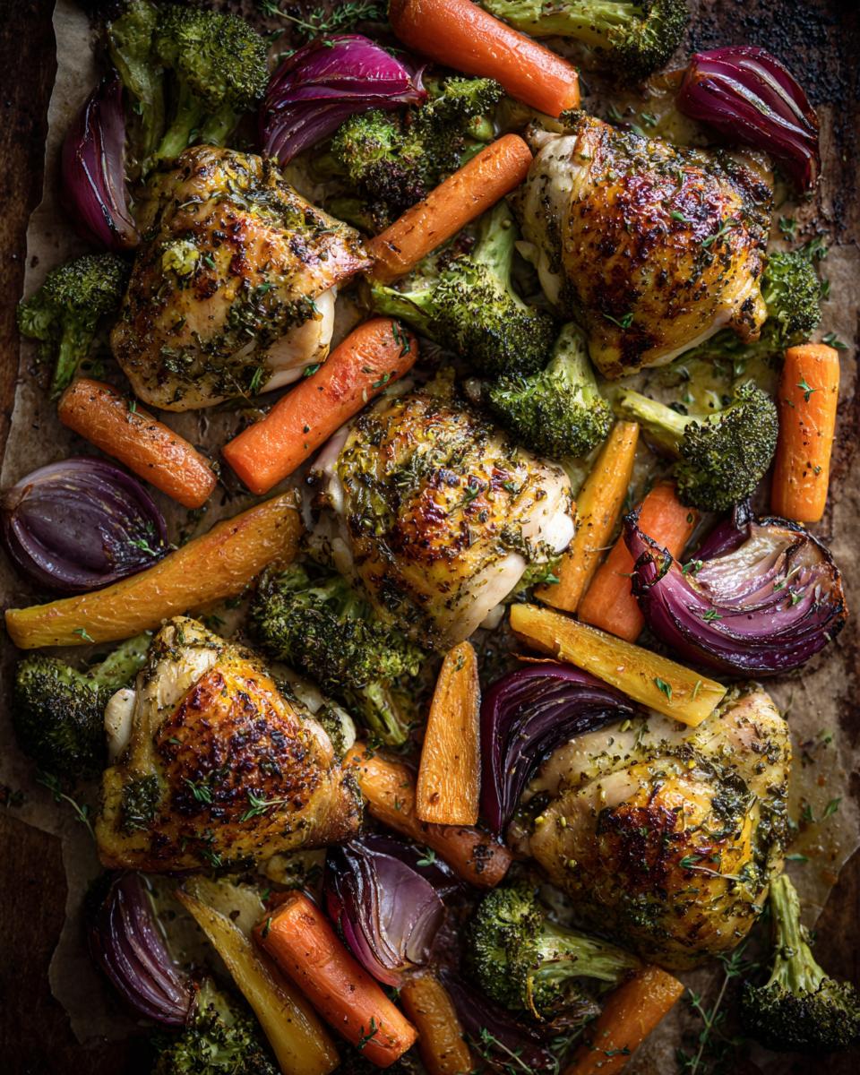 Overhead view of a one-pan healthy dinner featuring roasted chicken thighs, broccoli, carrots, and red onion.