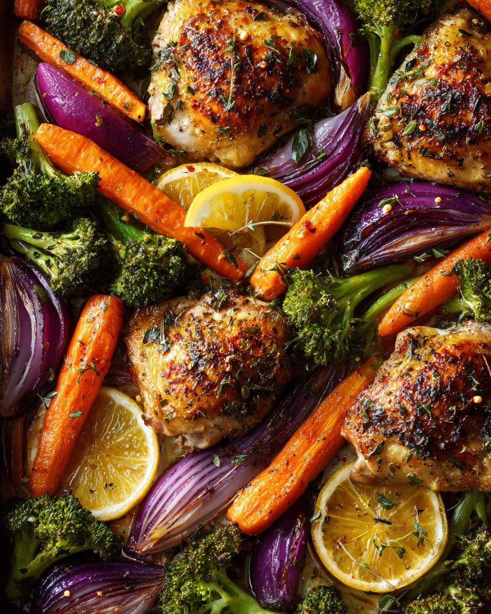 A close-up overhead view of a one-pan healthy dinner with roasted chicken thighs, carrots, broccoli, red onion, and lemon slices.