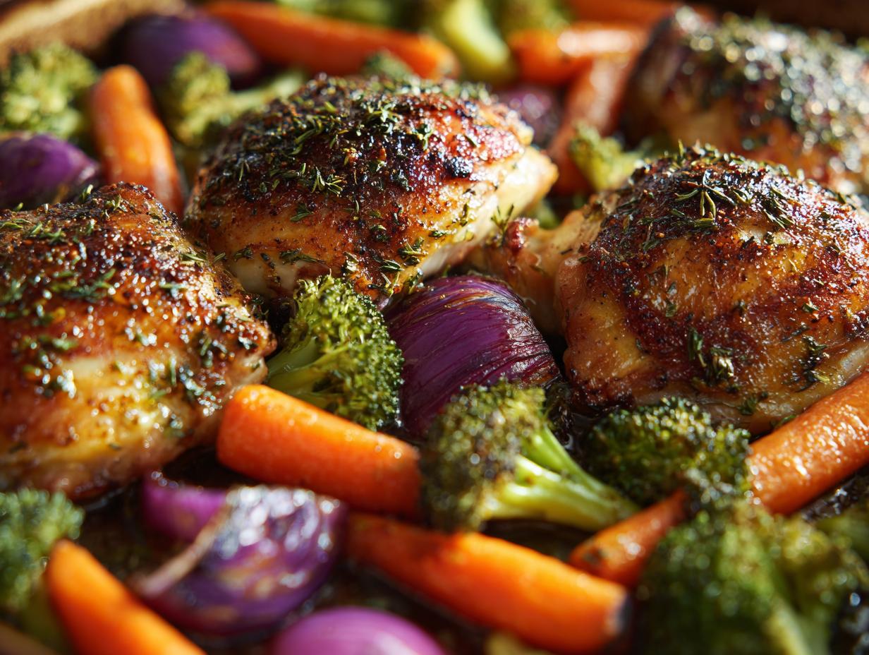 Close-up of a one-pan healthy dinner featuring roasted chicken thighs with broccoli, carrots, and red onion.