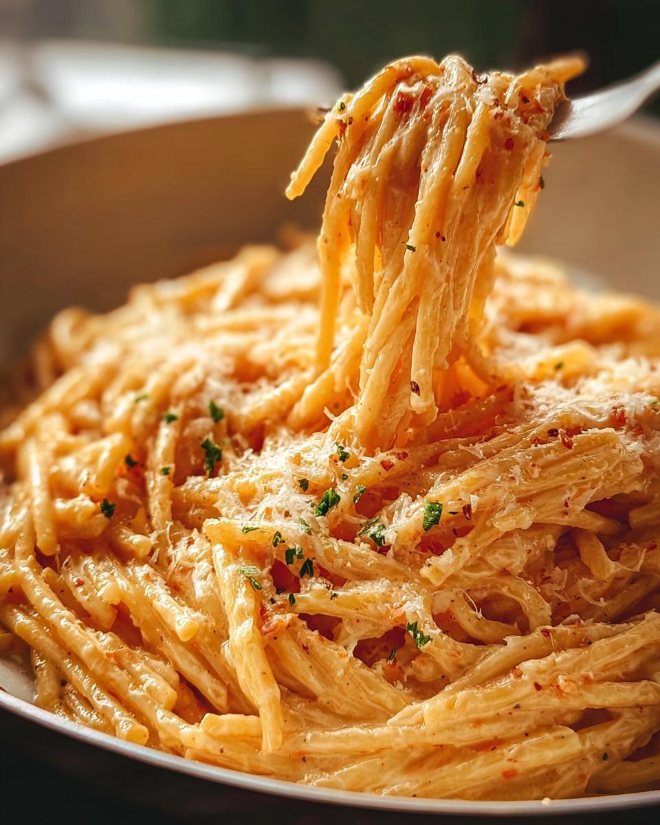 A fork lifting a portion of One Pot Creamy Garlic Pasta, topped with grated Parmesan cheese and parsley.