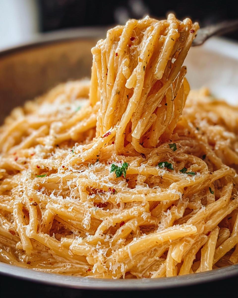 A forkful of One Pot Creamy Garlic Pasta, coated in a rich sauce and topped with grated Parmesan cheese and parsley.