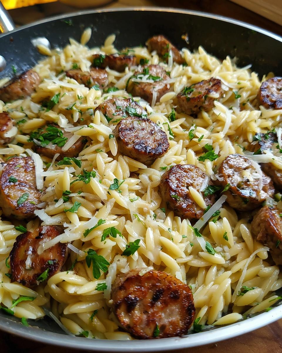 Close-up of a one-pot garlic butter sausage and orzo dish, garnished with parsley and cheese.
