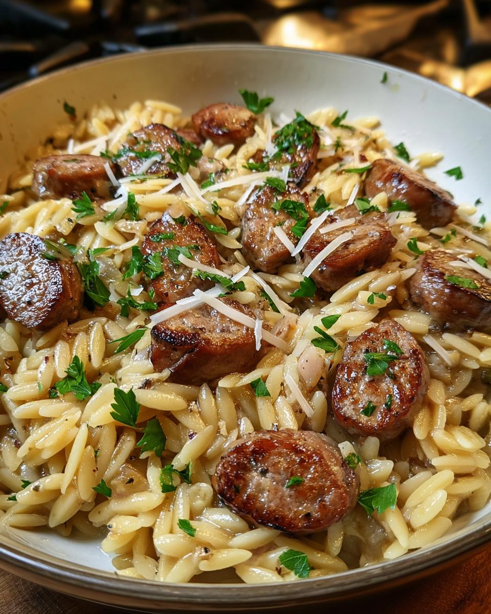 A close-up of a bowl filled with One-Pot Garlic Butter Sausage and Orzo, garnished with parsley and cheese.