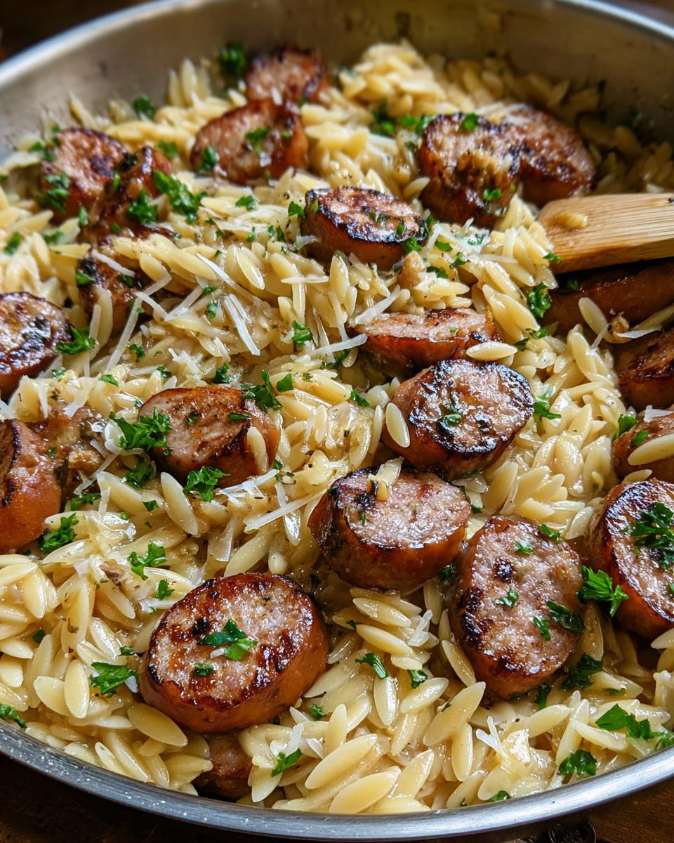 Close-up of a one-pot garlic butter sausage and orzo dish, garnished with parsley and cheese.
