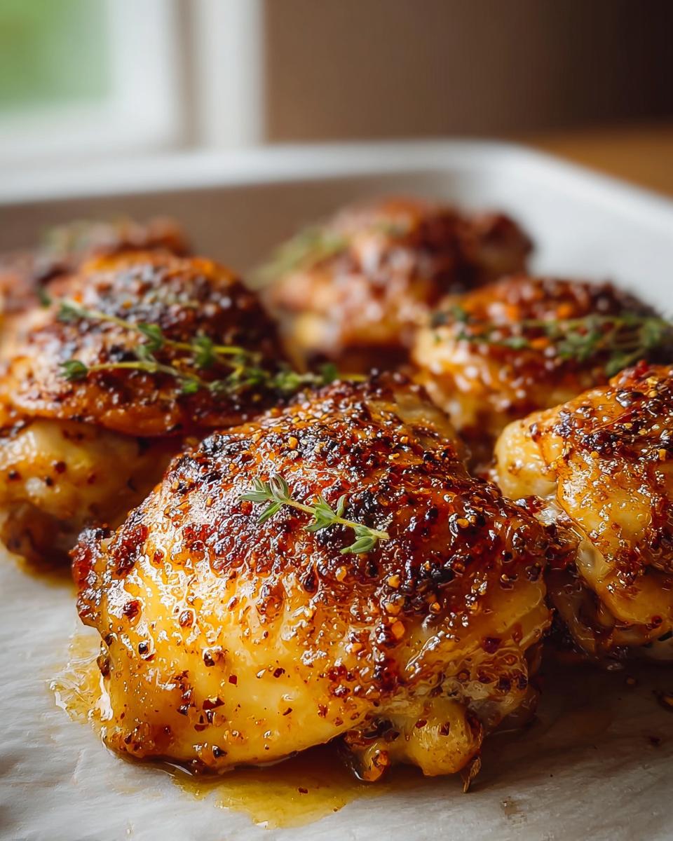 Close-up of juicy oven baked chicken thighs, coated in a glistening glaze and sprinkled with herbs.