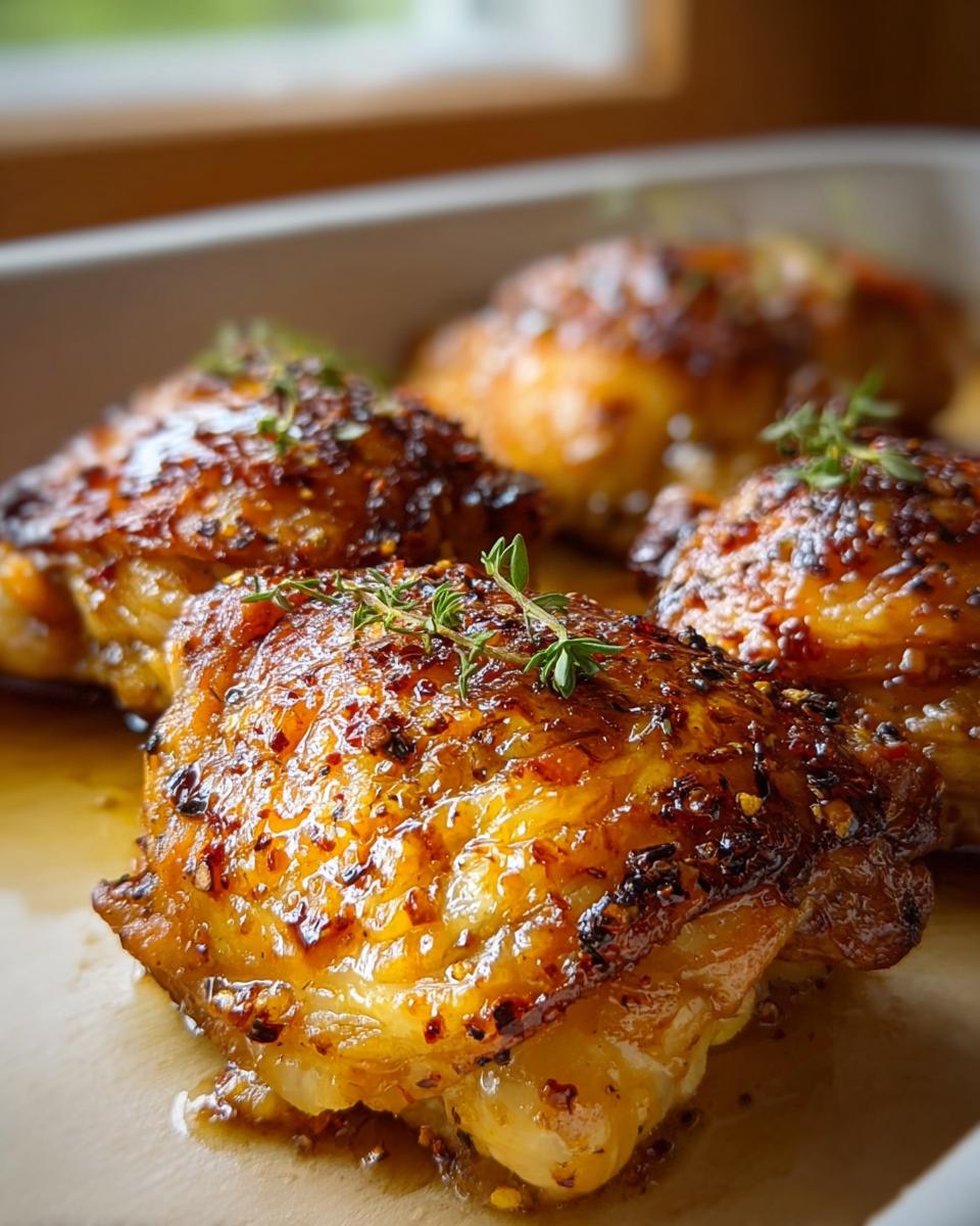 Close-up of four golden-brown oven baked chicken thighs, glistening with a savory glaze and garnished with fresh thyme.