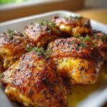 Close-up of golden brown oven baked chicken thighs seasoned with herbs and spices, glistening with juices.