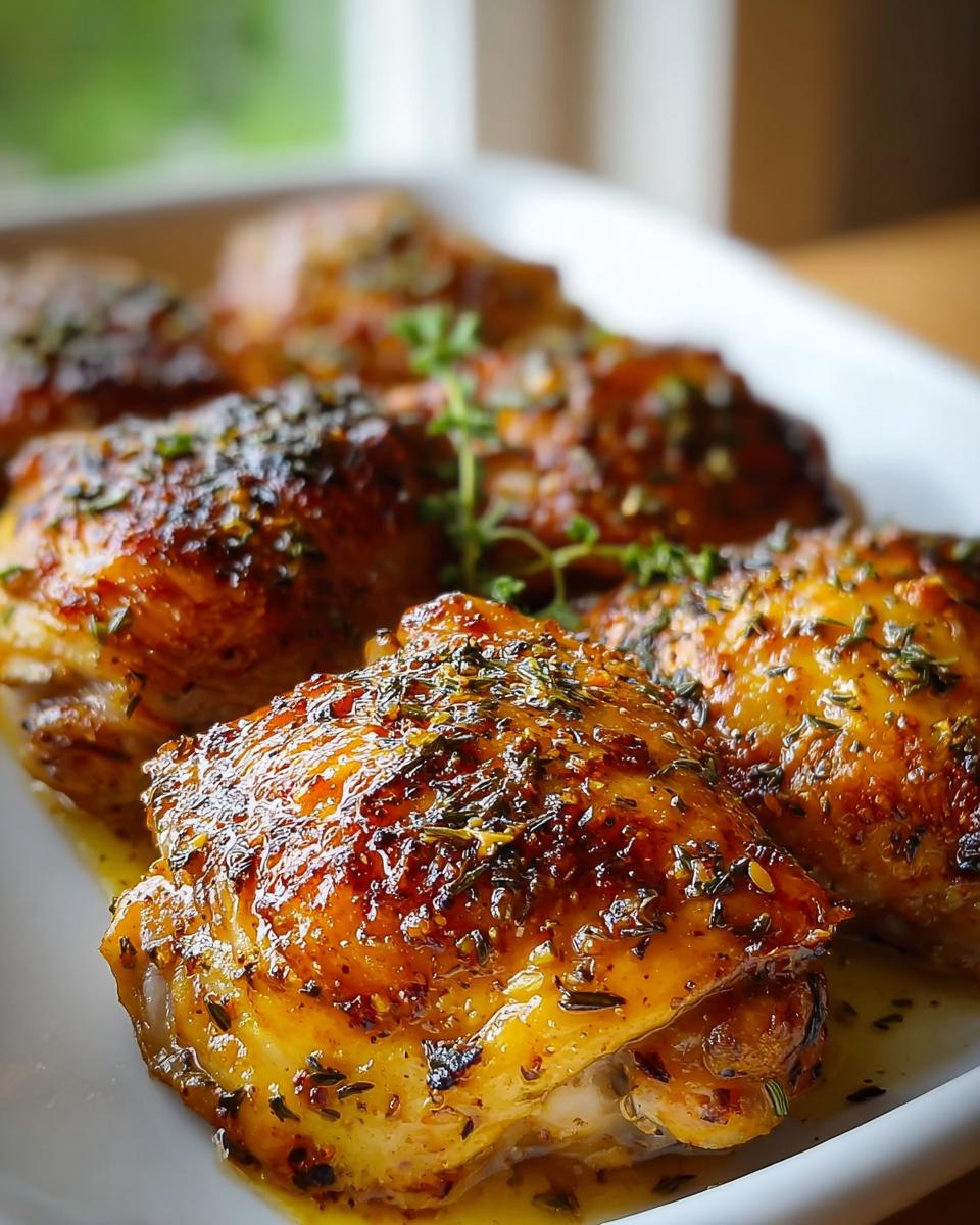 Close-up of juicy oven baked chicken thighs seasoned with herbs and spices, ready to serve.