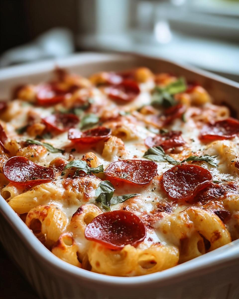 Close-up of a baked pepperoni pasta casserole with melted cheese and fresh basil, a perfect easy dinner recipe.