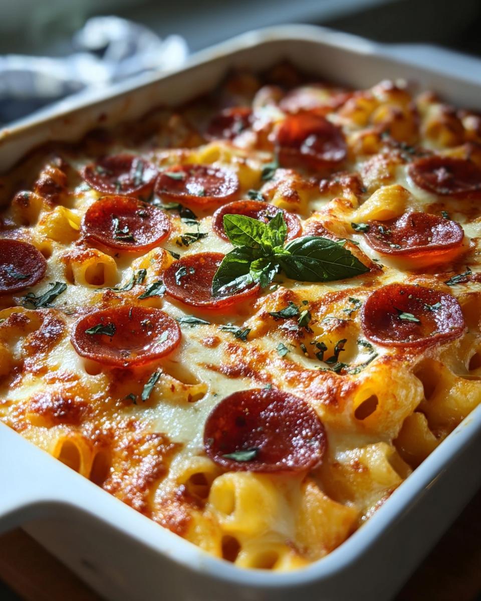 Close-up of a bubbling pepperoni pasta casserole topped with melted cheese and fresh basil, perfect for easy dinner recipes.