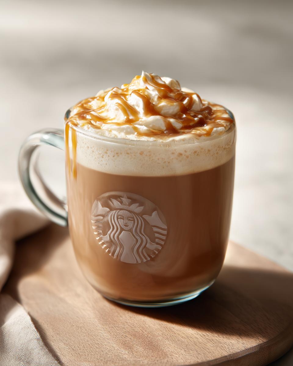 A close-up of a Starbucks drink topped with whipped cream and caramel drizzle, perfect every time.