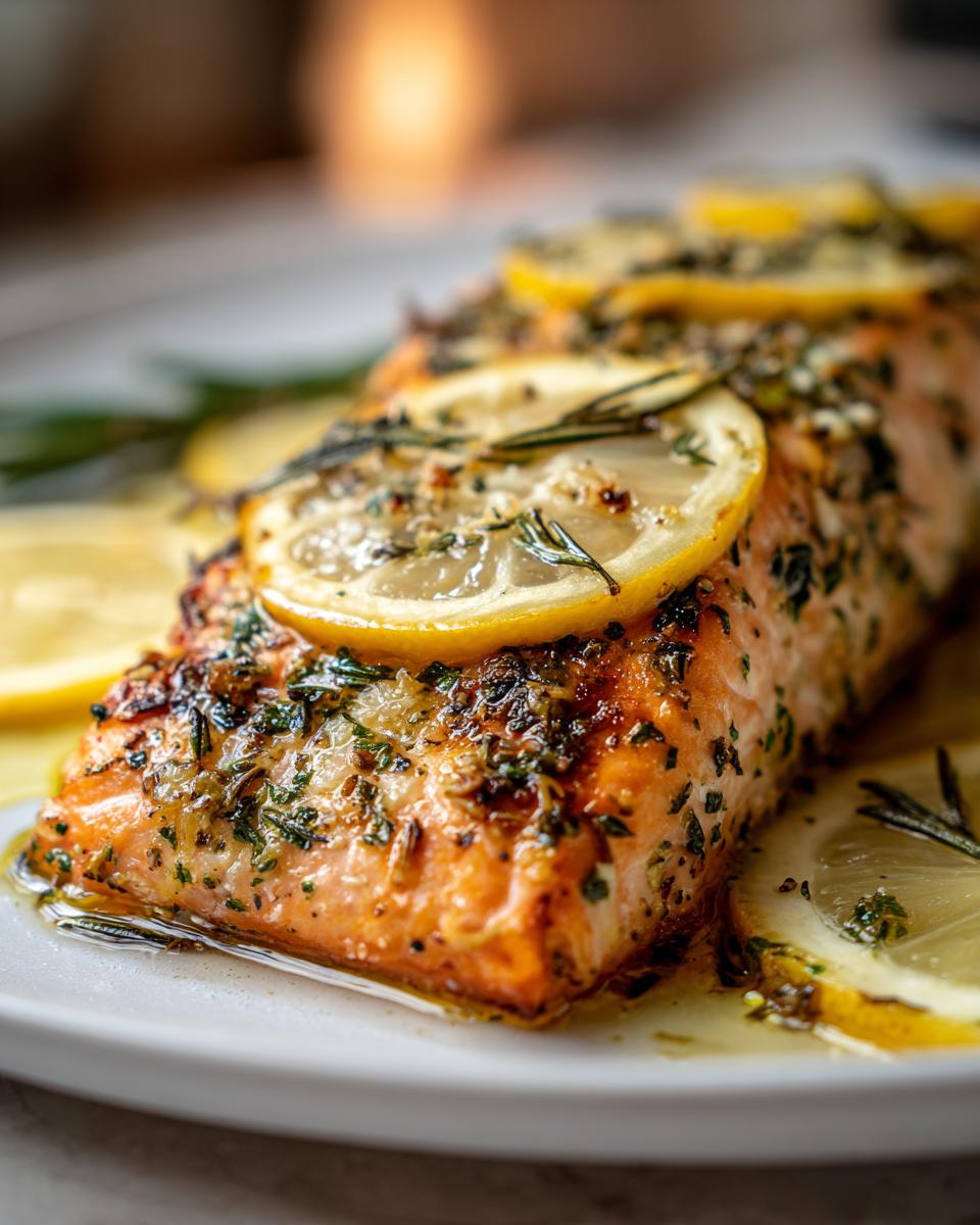 Close-up of a perfectly cooked salmon fillet topped with lemon slices and herbs, part of a Quick 30-Minute Healthy Dinner.