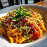 A close-up of a bowl of Quick Creamy Tomato Garlic Pasta Dish, garnished with fresh basil and Parmesan cheese.