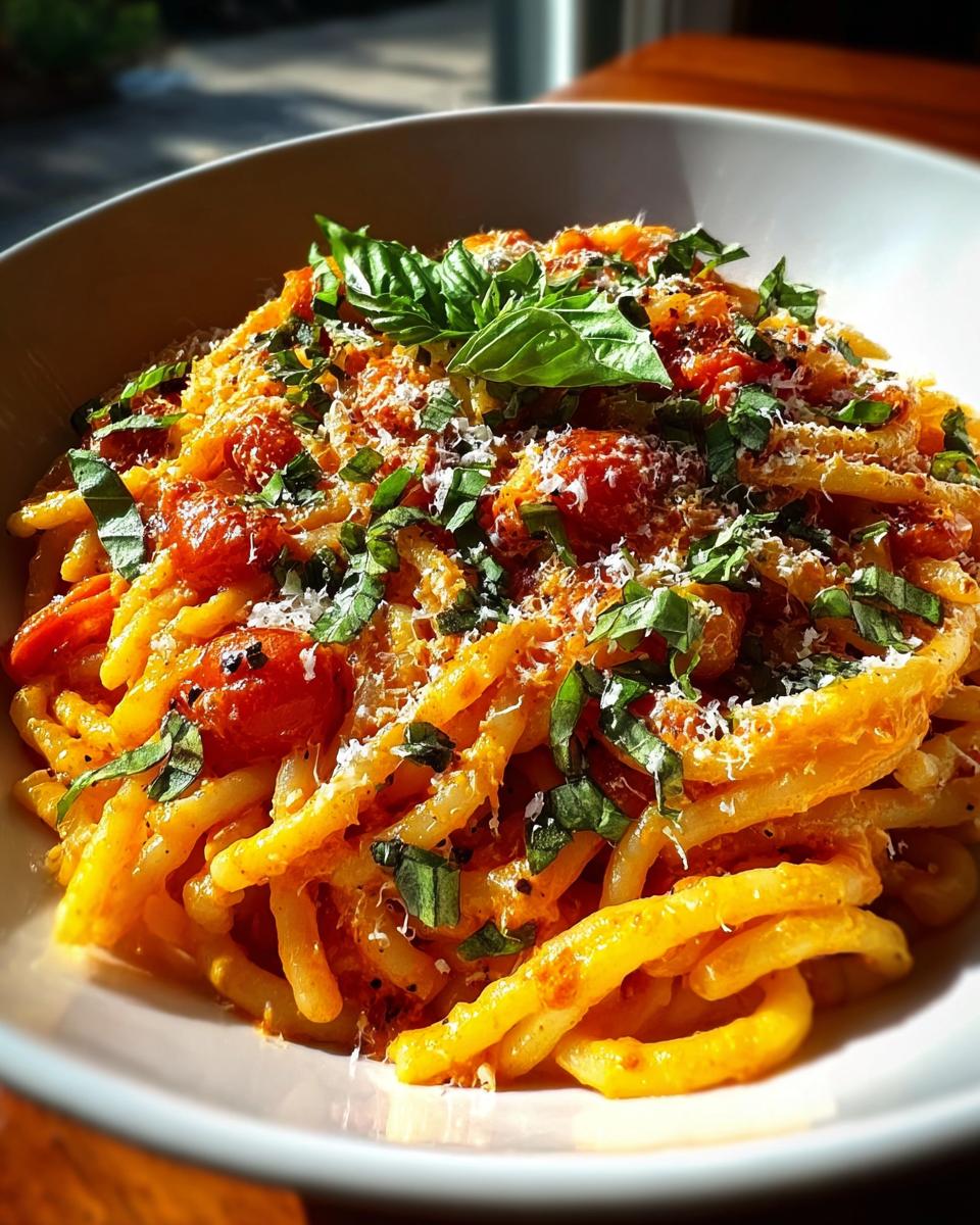 A close-up of a bowl of Quick Creamy Tomato Garlic Pasta Dish, topped with fresh basil and grated Parmesan cheese.