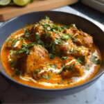 A close-up of a bowl of Quick & Easy Homemade Butter Chicken, garnished with cilantro and cream.