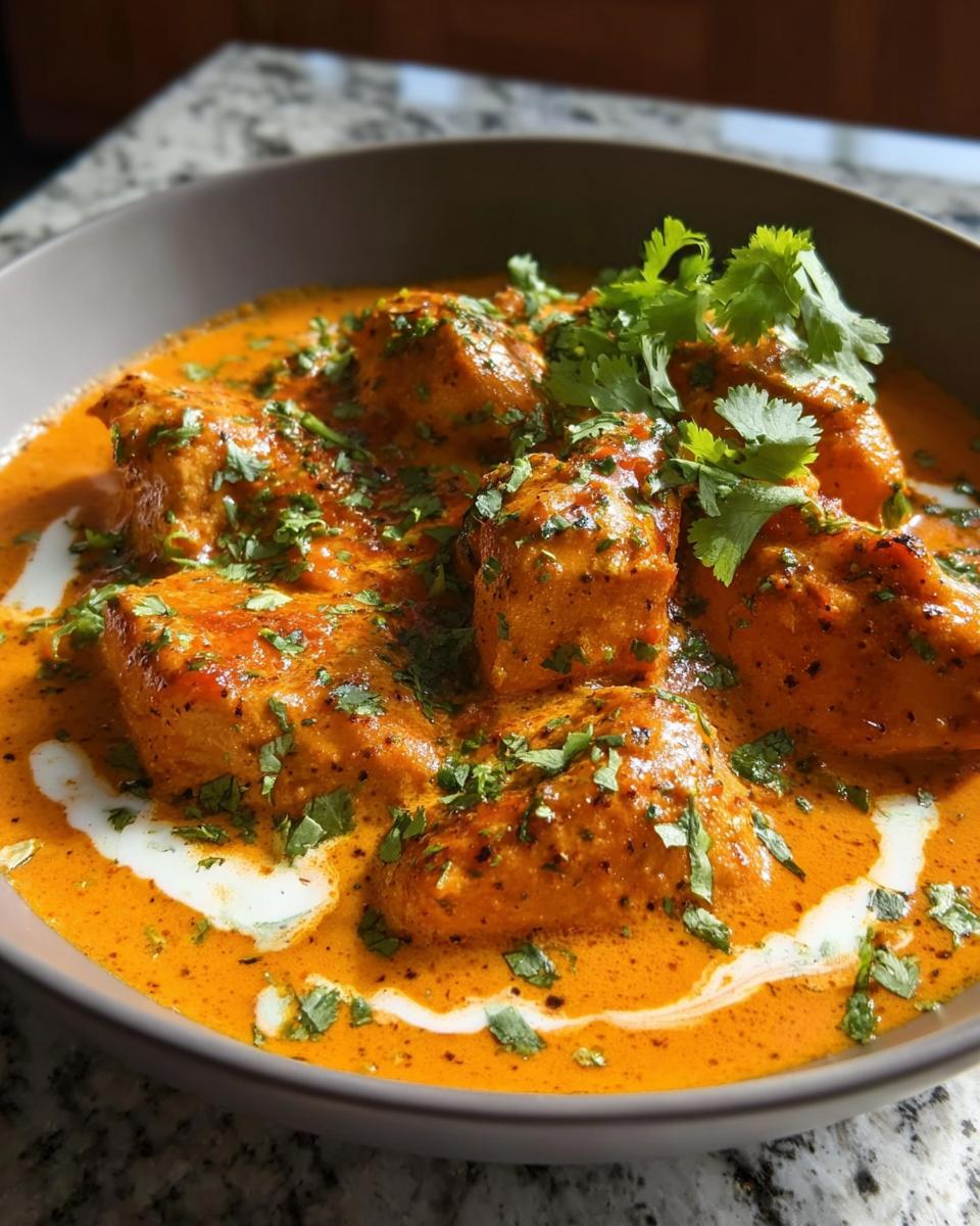 A close-up of a bowl of Quick & Easy Homemade Butter Chicken, garnished with fresh cilantro and a swirl of cream.