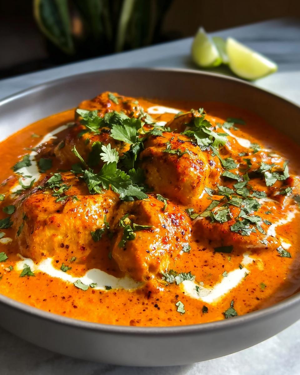 A close-up of a bowl of Quick & Easy Homemade Butter Chicken, garnished with fresh cilantro and a swirl of cream.