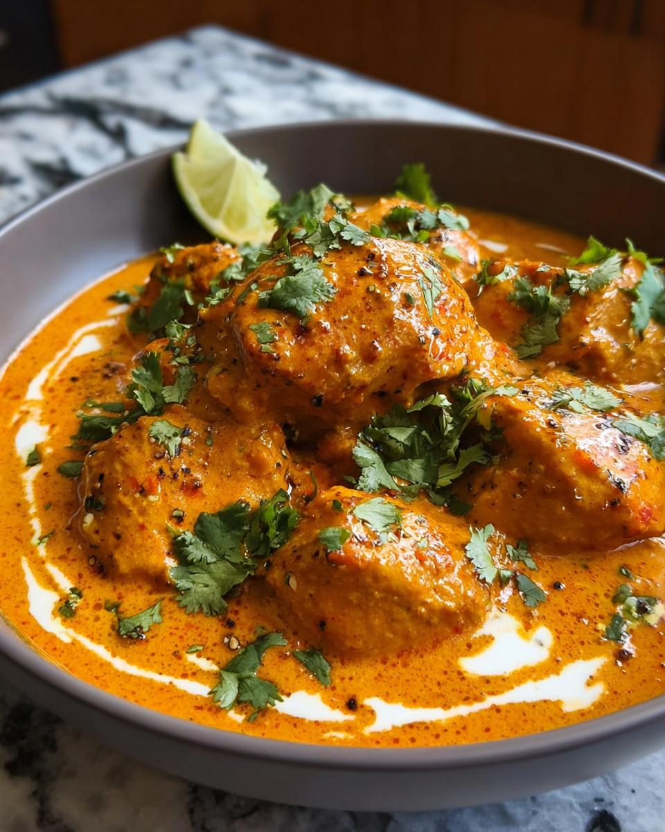A bowl of delicious Quick & Easy Homemade Butter Chicken, garnished with fresh cilantro and a lime wedge.