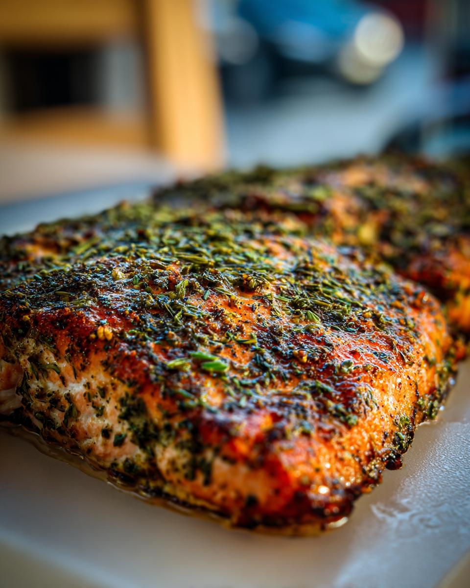 Close-up of a perfectly cooked salmon fillet seasoned with herbs, ideal for quick healthy dinner recipes.