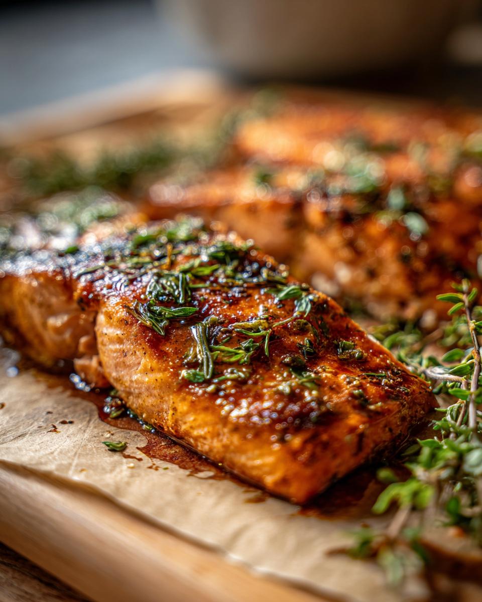 Close-up of a perfectly cooked salmon fillet, glazed and topped with fresh herbs, ideal for quick healthy dinner recipes.