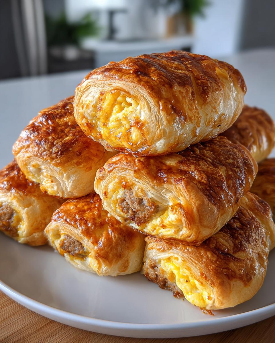 A stack of golden-brown, flaky sausage egg breakfast rolls on a white plate, showcasing the sausage and scrambled egg filling.