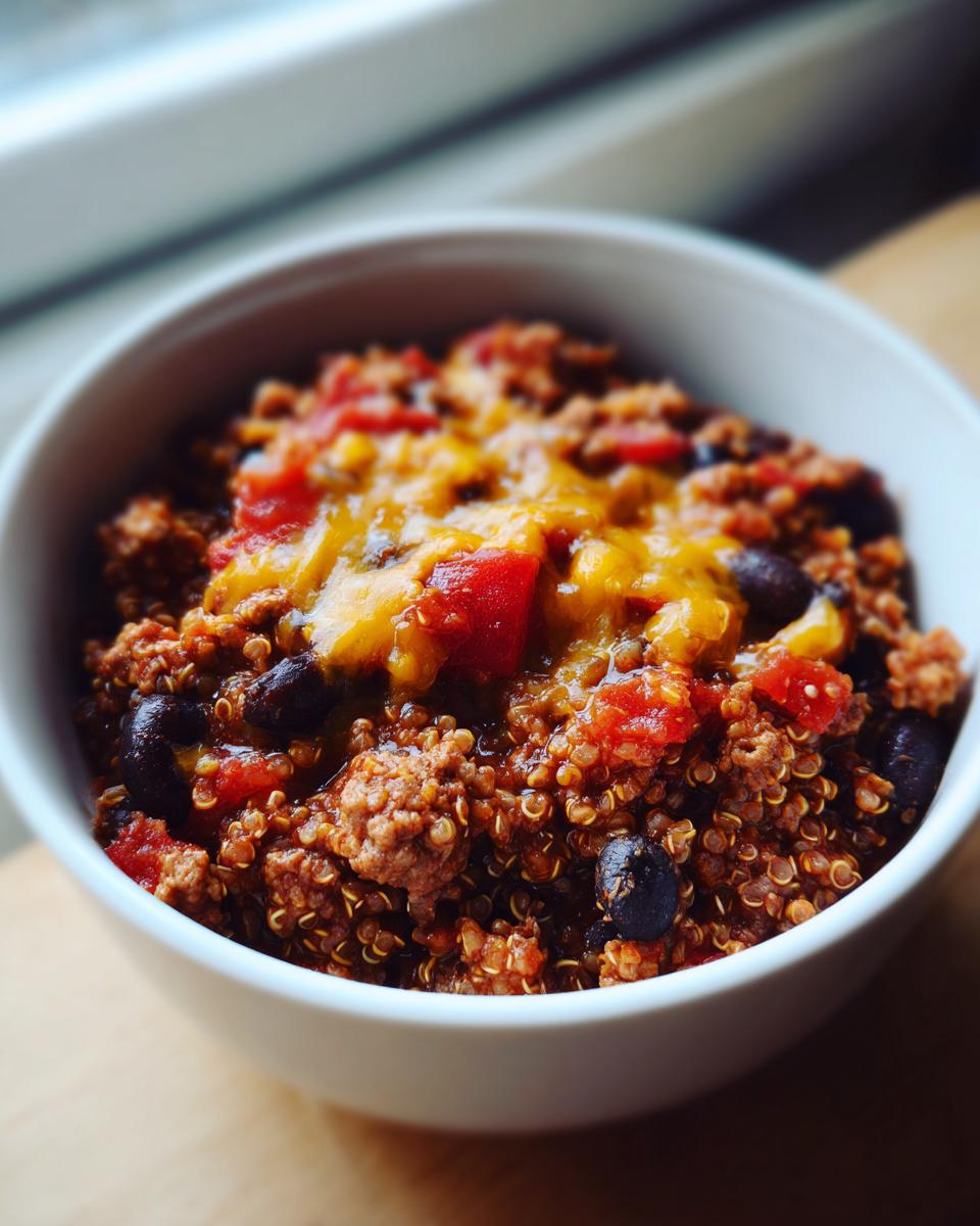A bowl of hearty quinoa chili with ground meat, black beans, tomatoes, and melted cheese, an easy high-protein meal.