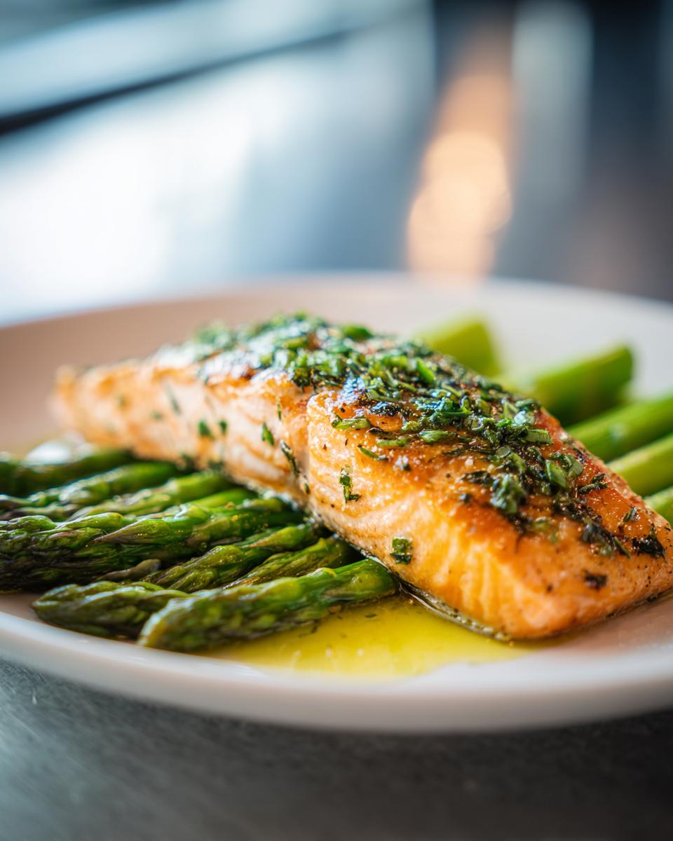 A perfectly cooked salmon fillet seasoned with herbs, served atop a bed of fresh asparagus, a great light & fresh lunch idea for weight balance.