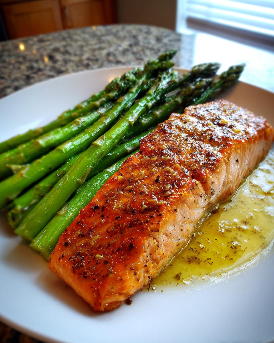 A perfectly cooked salmon fillet with roasted asparagus, a delicious example of Quick Healthy Meals for Weight Balance.