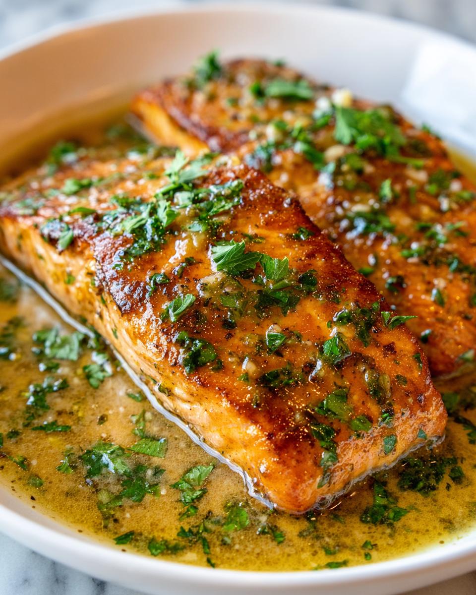 Two perfectly cooked salmon fillets in a rich garlic lemon butter sauce, garnished with fresh parsley. This is a delicious salmon recipe.