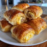 A pile of golden brown sausage egg breakfast rolls, showcasing flaky pastry and a savory filling.