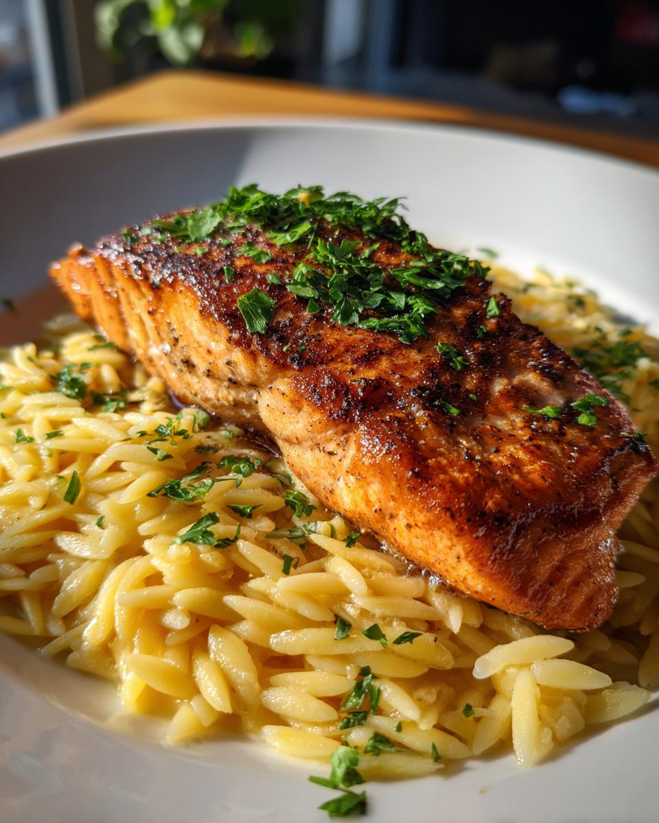 A perfectly seared salmon fillet rests on a bed of creamy lemon orzo, garnished with fresh parsley.