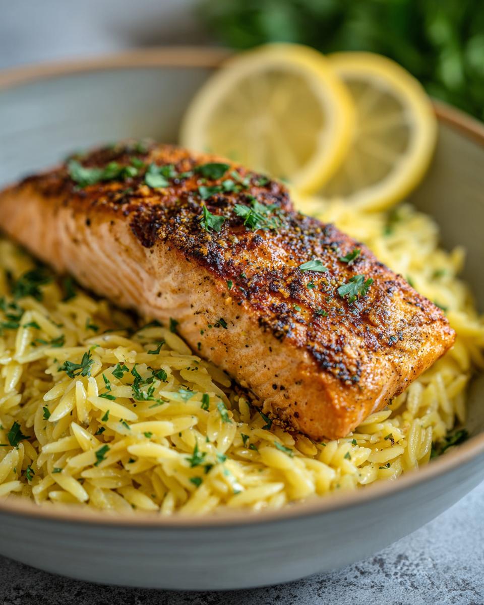 A perfectly seared salmon fillet sits atop a bed of fluffy lemon orzo, garnished with fresh parsley and lemon slices.