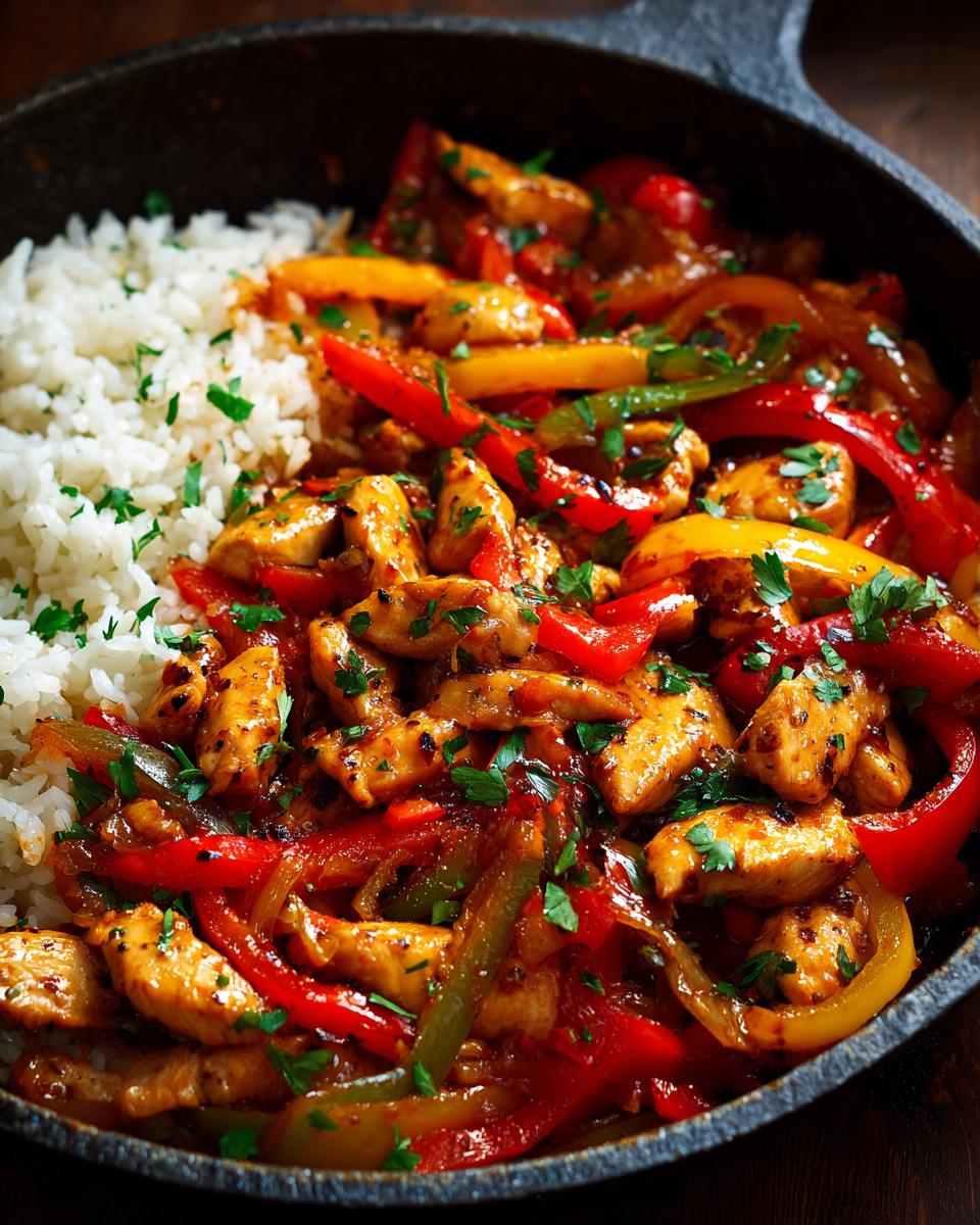 A close-up of a skillet filled with chicken strips, bell peppers, and rice, seasoned with herbs. A simple healthy meal.