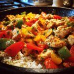 A colorful and healthy chicken and pepper stir-fry served over white rice, perfect for simple healthy meals.