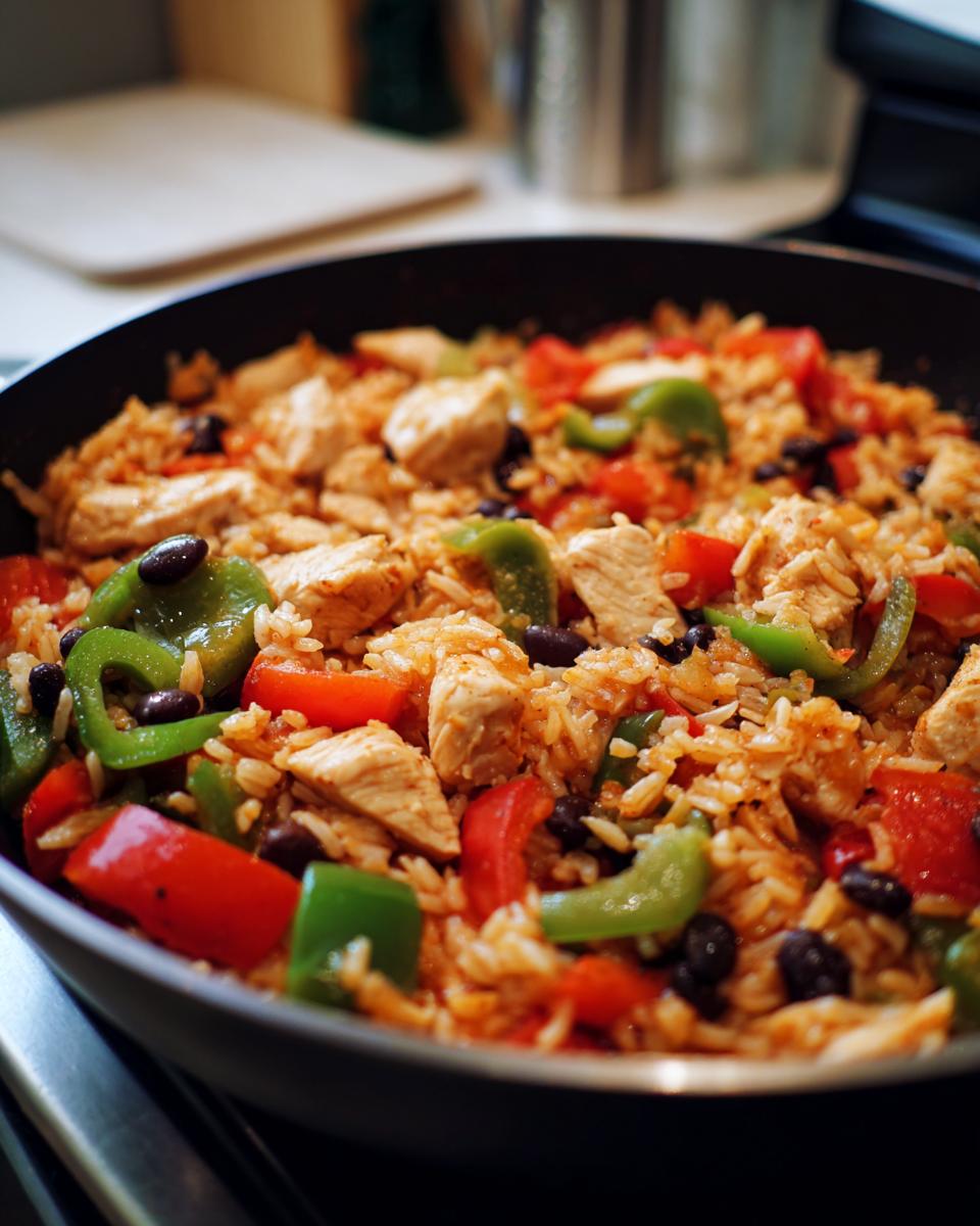 A close-up of a skillet filled with chicken, rice, black beans, and colorful bell peppers, showcasing simple healthy meals.