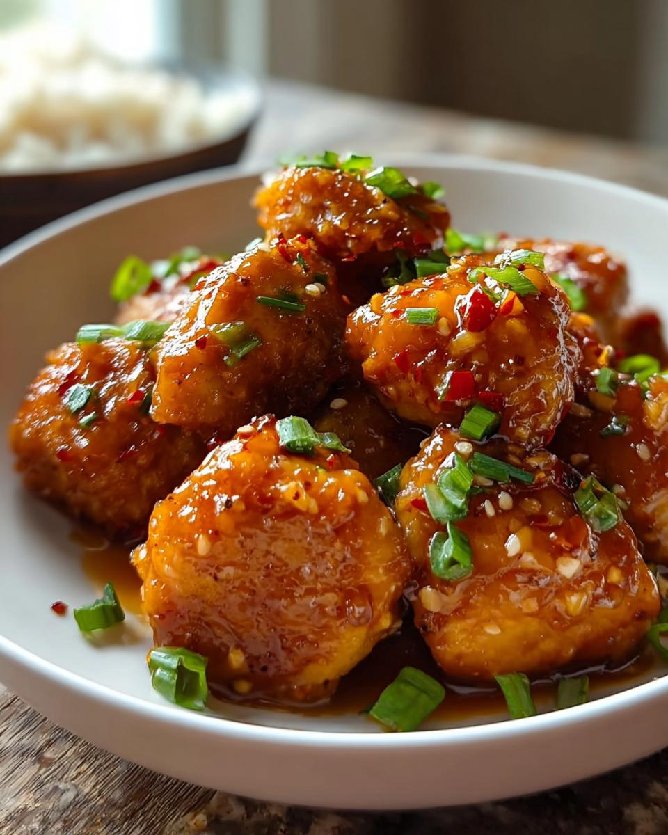Close-up of glistening Simple Honey Garlic Chicken Bites, garnished with chopped green onions and sesame seeds.