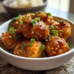A bowl of delicious Simple Honey Garlic Chicken Bites, garnished with fresh green onions and chili flakes.