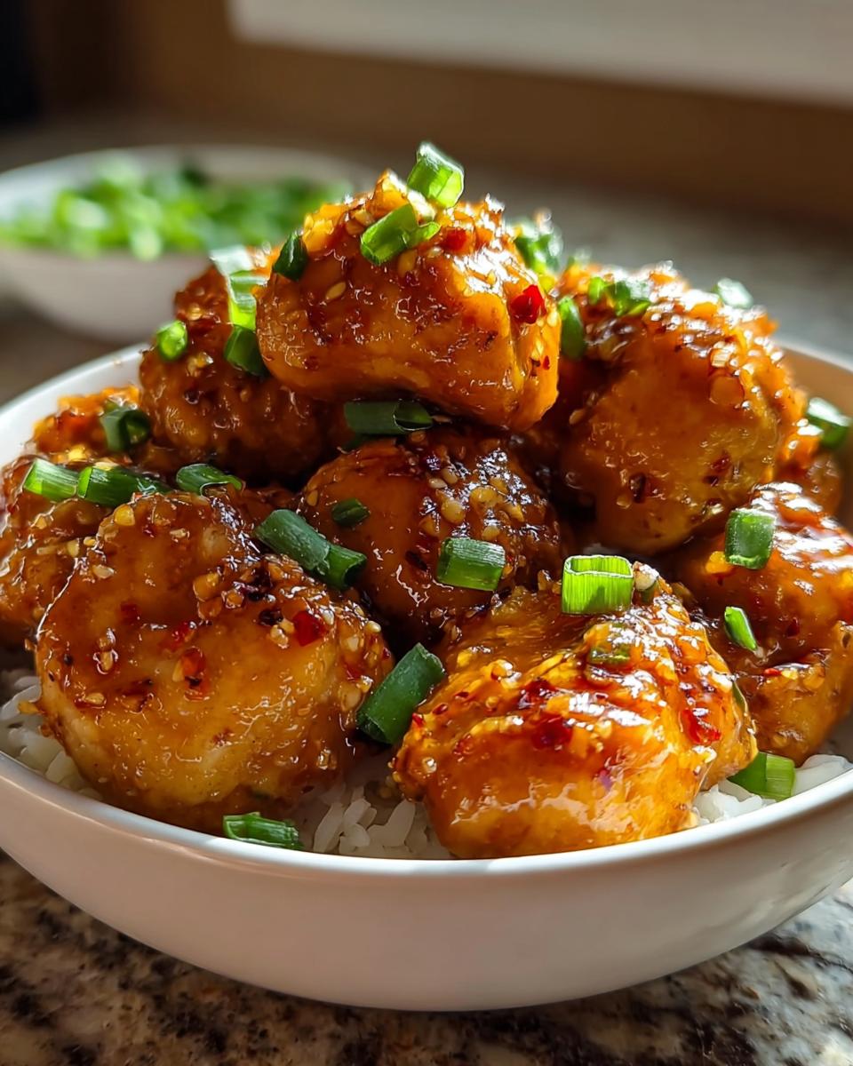 A bowl of fluffy white rice topped with glistening Simple Honey Garlic Chicken Bites, garnished with chopped green onions.
