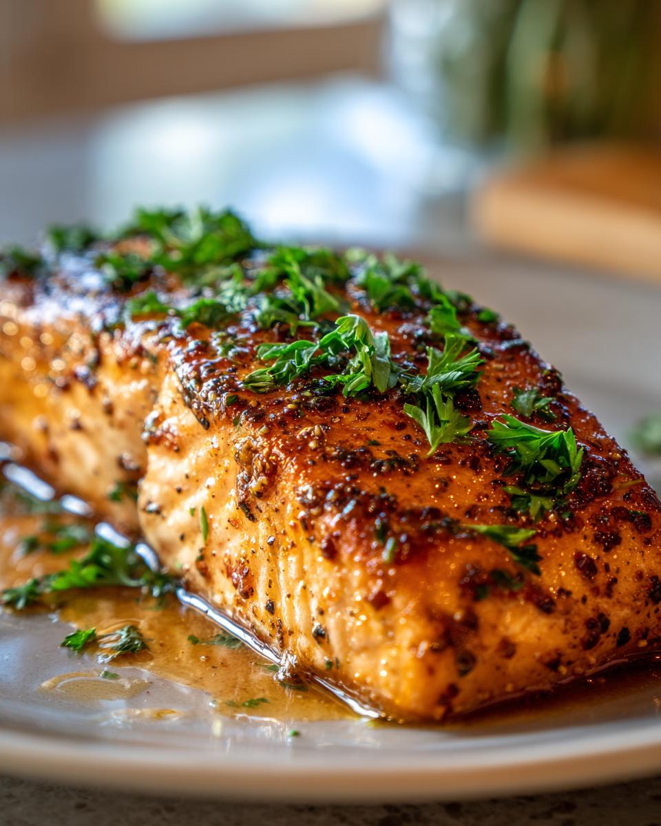 A close-up of a glistening, perfectly cooked salmon fillet, seasoned and garnished with fresh parsley, part of a Simple Texas Roadhouse Salmon Recipe.